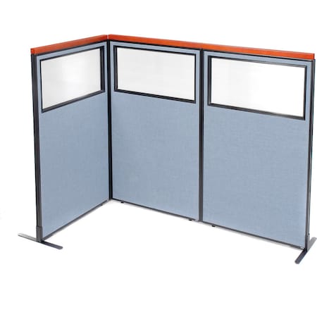 Interion By Global Industrial Interion Deluxe Freestanding 3-Panel Corner Divider w/Partial Window 36-1/4inW x 61-1/2inH Blue 695036BL